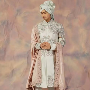 2024 Men's Suits with Decent Zari Embroidery Sherwanipant Stole & Turban Matched Shoe Embellished Crystal Glass Beads Dabka Work - Product Image 1