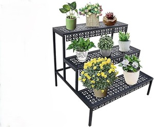 Metal Black Rectangular Ladder Flower <b>Pots</b> Plant Display Rack 3 Tiers Metal Plant <b>Stand</b> For Outdoor Indoor in Best Price - Product Image 3