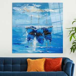 Impression sur toile Paysage marin avec bateaux bleus : Art mural nautique côtier, ART SUR VERRE TÉMPERÉ - Product Image 1