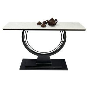 Contemporary Modern Living Room <b>Console</b> <b>Table</b> with Stone Top and <b>Round</b> Iron Frame - Product Image 1