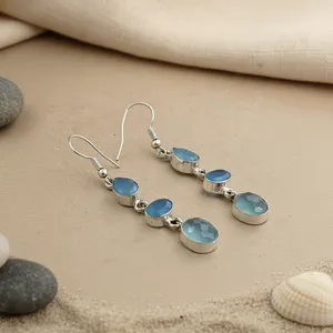 Boucles d'oreilles pendantes géométriques bohèmes plaquées argent Art Palace avec pierres goutte d'eau aigue-marine pour femme, bijoux de fête - Product Image 3