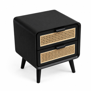 Table de chevet moderne en teck noir avec tressage en rotin, 2 tiroirs de rangement, mobilier de chambre au design mid-century, vente en gros - Product Image 1