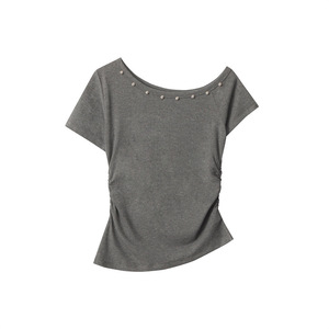 Camiseta de Verano 2026 para Mujer, Estilo Ajustado, Manga Corta, Hombro Descubierto, Estilo Moderno, Tejido de Punto, Color Sólido - Product Image 2