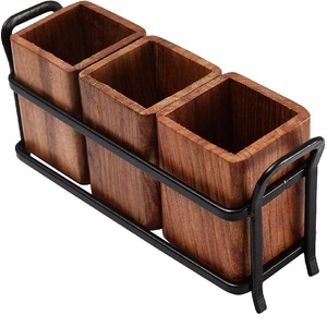 Natural Finished Bamboo <b>Utensil</b> Holder With Black Stand Kitchen Flatware Organizer 3 Compartment Cutlery Basket At Lowest Price - Product Image 1