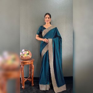 Vente chaude DESIGNER VICHITRA SOIE BRODERIE SIROSKI TRAVAIL PRÊT À PORTER SAREE AVEC CHEMISIER NON COUDU BLEU - Product Image 1