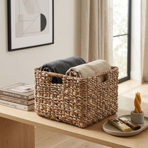 Natural Water Hyacinth Seagrass Storage Basket Cube <b>Square</b> <b>Bin</b> Inset Cutout Handle Pure Art Setup Room Decor Art Handcraft Setup - Product Image 6