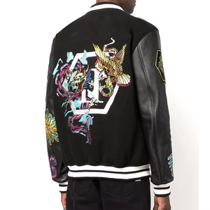 Chaqueta universitaria personalizada de alta calidad al por mayor para hombre con cómoda chaqueta de béisbol de manga de cuero con diseño de grafiti Premium - Product Image 3