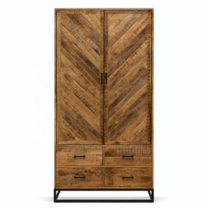 Certified Solid Mango Wood Shaker 2-Door Herringbone Wardrobe <b>Cabinet</b> Metal Frame <b>Rustic</b> Modern Storage Armoire Living Room 2 - Product Image 3