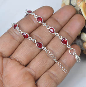 Rubí cuarzo pera corte 925 plata esterlina piedra preciosa ajustable pulsera hecha a mano Julio piedra natal regalo para ella 10 piedra pulsera - Product Image 3