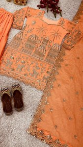 New Fashionable Embroidered <b>Sequin</b> Work Sharara Set Top Dupatta Heavy Chinnon <b>Material</b> Salwar Kameez Party Wear Readymade - Product Image 6