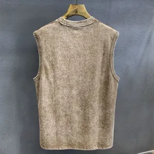 High Quality 100% Cotton Vintage Acid Wash Tank Top Vest <b>Men's</b> Oversized Streetwear Casual <b>Sleeveless</b> Breathable Knitted 220g - Product Image 4