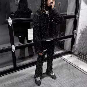 Street Classic Black rhinestone Design zipper hooded set mens hip hop personalizado casual retro pareja cardigan jacket Set - Product Image 3