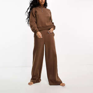 Ensemble de vêtements de détente pour femmes, sweat-shirt à demi-zip à épaules tombantes et pantalon de survêtement à jambes larges, logo personnalisé 2025 - Product Image 1