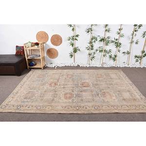 Vintage Turkish <b>Rug</b> Classic Beige 6'1\"x 9' Rectangle Patchwork Wool with Latex Backing for Living Room or Teen's <b>Bedroom</b> - Product Image 1