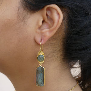 Vêtements de mariage en argent sterling 925 plaqué or bijoux Labradorite pierres précieuses femmes portent des boucles d'oreilles suspendues - Product Image 4