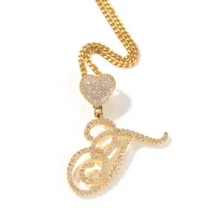 Ins Hot New Bling Bling Diamond Ice Out Cz Prong Set Zircon Love Heart Button Swash Letter Pendant Necklace With Cuban Chain /