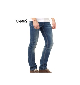 Jean en denim délavé coupe slim et droite pour homme SIMURA, taille mi-haute, style décontracté, 100 % coton, tissu respirant - Product Image 3