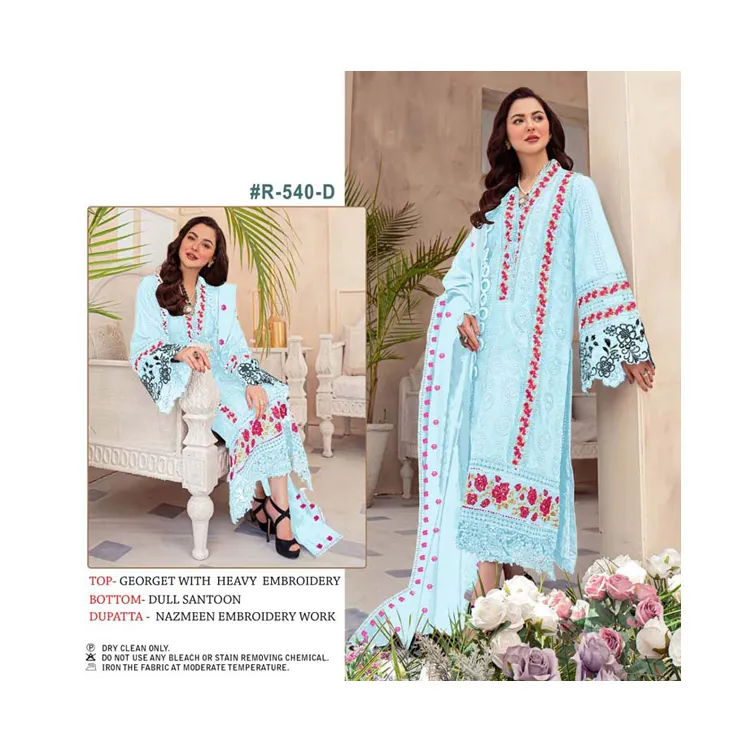 Robe trois pièces en broderie épaisse de créateur de fabrication, Georgette de Style indien et indien Salwar Kameez à vendre