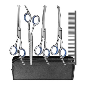 Juego de Tijeras de Peluquería Canina de Acero Inoxidable al por Mayor, Recubiertas de Titanio, con Punta Curva y Redondeada, Kit de Peluquería para Mascotas con Tijeras de Entresacar y Rectas - Product Image 1