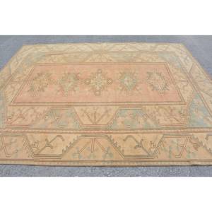 Tapis turc vintage 7,8x12,8 pieds, motif patchwork orange et vert, en laine, avec support en latex, pelucheux, écologique, traditionnel, pour salle à manger - Product Image 3