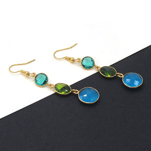 Handmade Flower Bohemian Multi Gemstone Dangle Hook <b>Earrings</b> | Apatite <b>Peridot</b> Blue Chalcedony | 18K Gold Plated Wedding - Product Image 2
