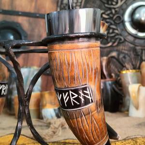 Corne à boire Viking véritable naturelle sculptée support en métal de style animal nautique décoratif pour cadeau souvenir de fête de noël - Product Image 4