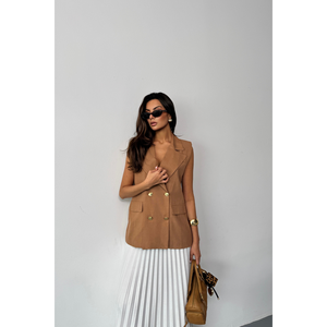 Gilet en lin marron pour femme avec gilet à boutons dorés - Product Image 4