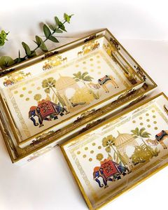 Ensemble de plateaux de service imbriqués en bois, motif floral vert sarcelle élégant, imprimé oiseau lys rose, plat rectangulaire décoratif pour la décoration de table à la maison - Product Image 2