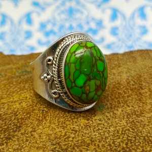 925 Sterling <b>Silver</b> Fine Quality Oval Shape Green Copper Turquoise Gemstone <b>Ring</b> All Sizes <b>for</b> Women <b>Men</b> with Diamond Main Stone - Product Image 2