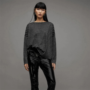 Pull tricoté rayé oversize pour femme, col rond, épaules tombantes, manches longues, coupe ample, anti-boulochage, longueur intégrale, 100 % acrylique - Product Image 3