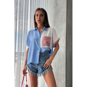 Camisa Blusa Casual TOPSHOW Azul con Paneles Frontales y Bolsillos, Mezcla de Lino, Algodón y Poliéster, Manga Larga para Mujer, Ideal - Product Image 1