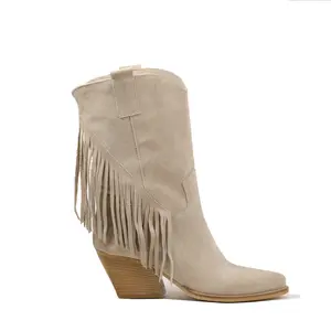 Hand gefertigte Made in Italy Damen Mid-Calf Beige Wildleder Fransen Cowboys tiefel-Kali Schuhe Dakota, anpassbare Farbe und Material