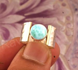 Larimar Natural redondo 10mm sólido 925 plata esterlina martillado textura boda fiesta desgaste anillo para mujer eternidad Vermeil joyería - Product Image 2