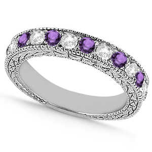 Bague de mariage en or blanc 14 carats avec diamant et améthyste anciens, bijoux en diamant de 1,05 carat - Product Image 3