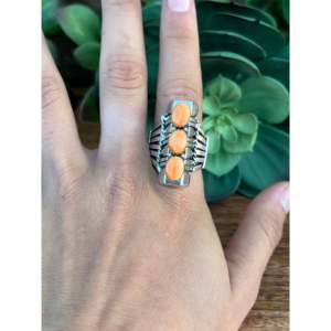 Russell Sam Spiny Oyster & Sterling Silver <b>Ring</b> Size 8 Rhodium-Plated Fine Jewelry with Coral and <b>Turquoise</b> Inlay - Product Image 2