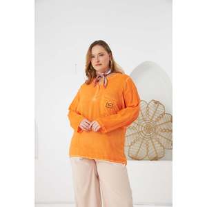 Blusa de Viscosa Lavada RMG Talla Grande para Mujer con Detalle de Emblema, Cómoda Blusa Naranja de Manga Larga para Uso Diario - Product Image 1