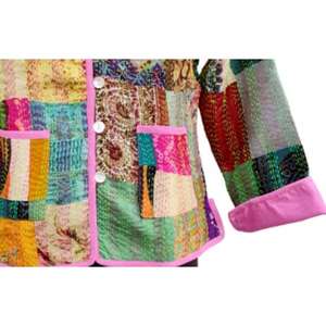 Veste en Soie Patch Kantha Manteau Tricoté avec Bouton Décoration Manches Longues Respirant Automne Hiver Printemps Réversible - Product Image 3