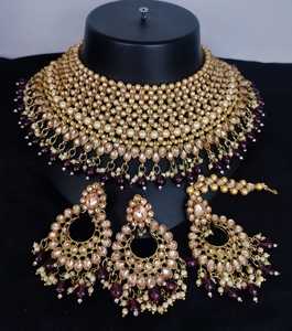 Nuevo diseño de lujo chapado en oro tradicional Motipearl & Drop Kundan tachonado gargantilla collar pendiente Mangtika conjunto y conjunto de joyería - Product Image 2