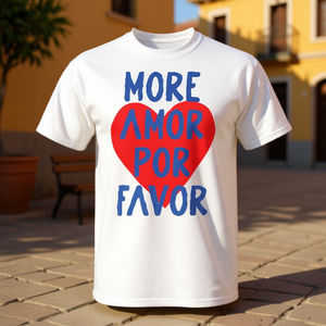 T-Shirt con Simpatico Citazione d'Amore in Spagnolo 'Más Amor Por Favor' con Cuore Rosso, Prodotto Promozionale - Product Image 3
