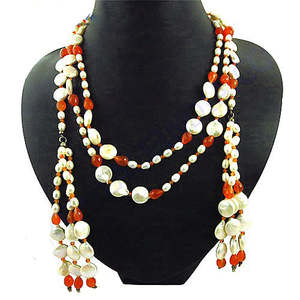 สร้อยคอหลายชั้นแบบ AGNA-20361ไข่มุกและลูกปัดหินคาร์เนเลี่ยน - Product Image 1