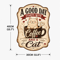 Décoration murale rétro avec citation sur le café et les chats : Une bonne journée commence avec du café et un chat, pour cuisine, café, bar, en métal gaufré, style campagnard
