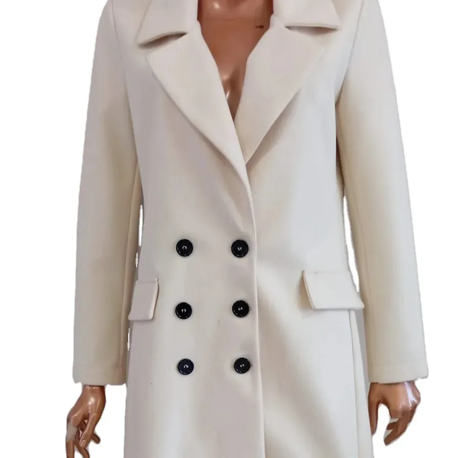High quality woven cream colored womens cashmere coat with detailed buttons and pocket wholesale