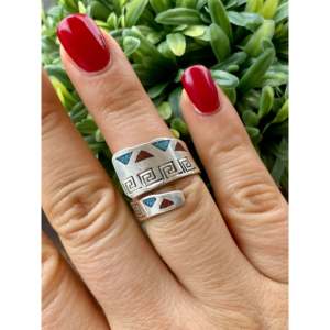 Raymond Begay Turquoise <b>Sterling</b> <b>Silver</b> <b>Ring</b> Size 8.5 Geometric <b>Adjustable</b> - Product Image 2