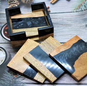 Epoxy Resin & Wood <b>Coaster</b> Table Decoration <b>Black</b> Epoxy Resin <b>Coaster</b> With <b>coaster</b> HOLDER STAND - Product Image 1