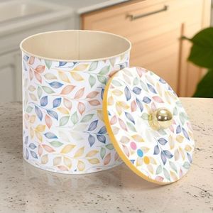 Kontensan EF14342 2.1L Metal Round Food Storage Canister with Knob Handle 140x150mm Leaf Pattern Design - Product Image 5