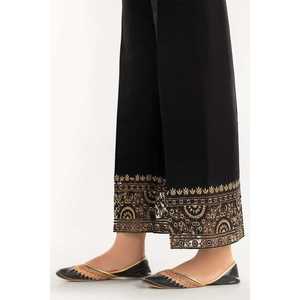 Pantalon en crêpe brut 100% soie noir TR-21-162, taille haute, coupe large avec broderie, respirant et élégant - Product Image 1