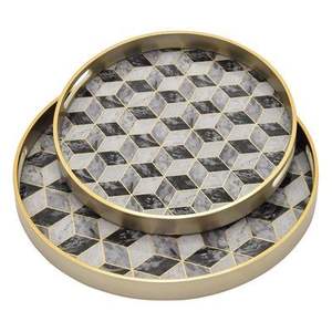 Plateau de service rond en MDF, motif mosaïque doré, table basse, organisateur de rangement, plateau à nourriture, restaurant, hôtel, cuisine, support empilable - Product Image 1