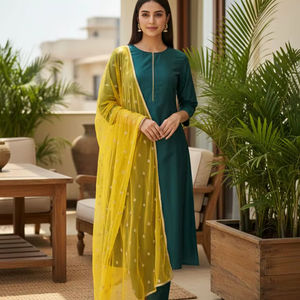 Conjunto de Kurta Larga Recta Verde Azulado para Mujer con Pantalón y Dupatta de Red Sólida, Elegante Traje Étnico Festivo Indio/Pakistaní - Product Image 1