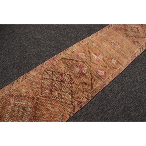 Turkish Wool Rug Eco-Friendly Traditional Design 2.5x12.8 ft Small Rug Orange <b>Brown</b> Herki Patchwork Latex Backing - Product Image 3