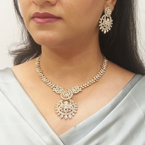 Joyería tradicional india Floral Rhinestone cristal colgante collar Boda nupcial colgante pendiente conjunto de joyería, plata - Product Image 3